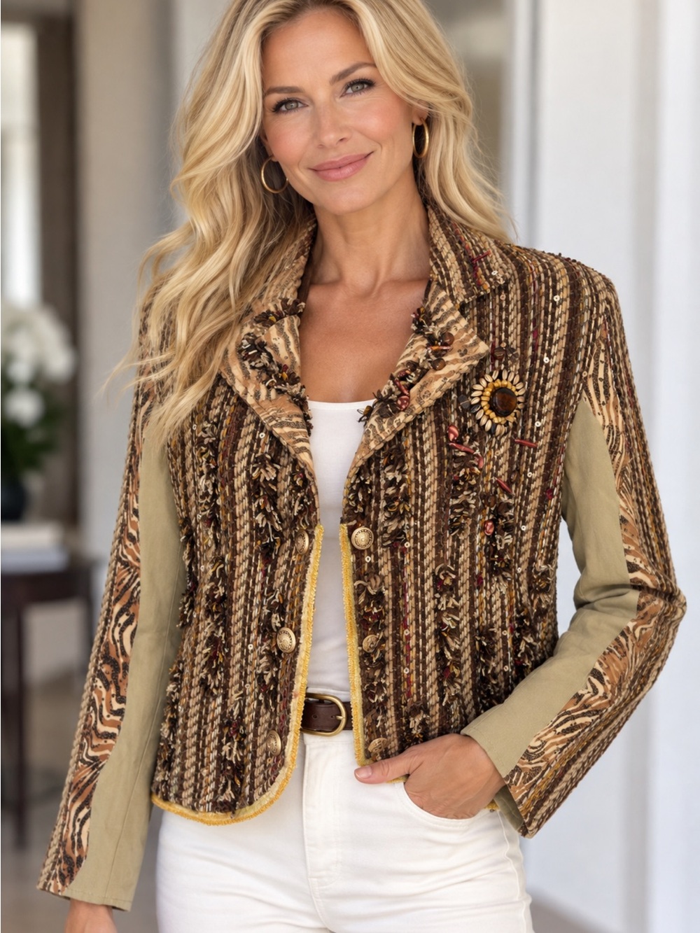 SANDY STARKMAN Brown Textured Knit & Mixed Fabric Jacket Small